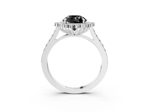 White gold Fancy Black Round Cut Cut Diamond Sunburst Halo Engagement Ring with Pavé Band_15