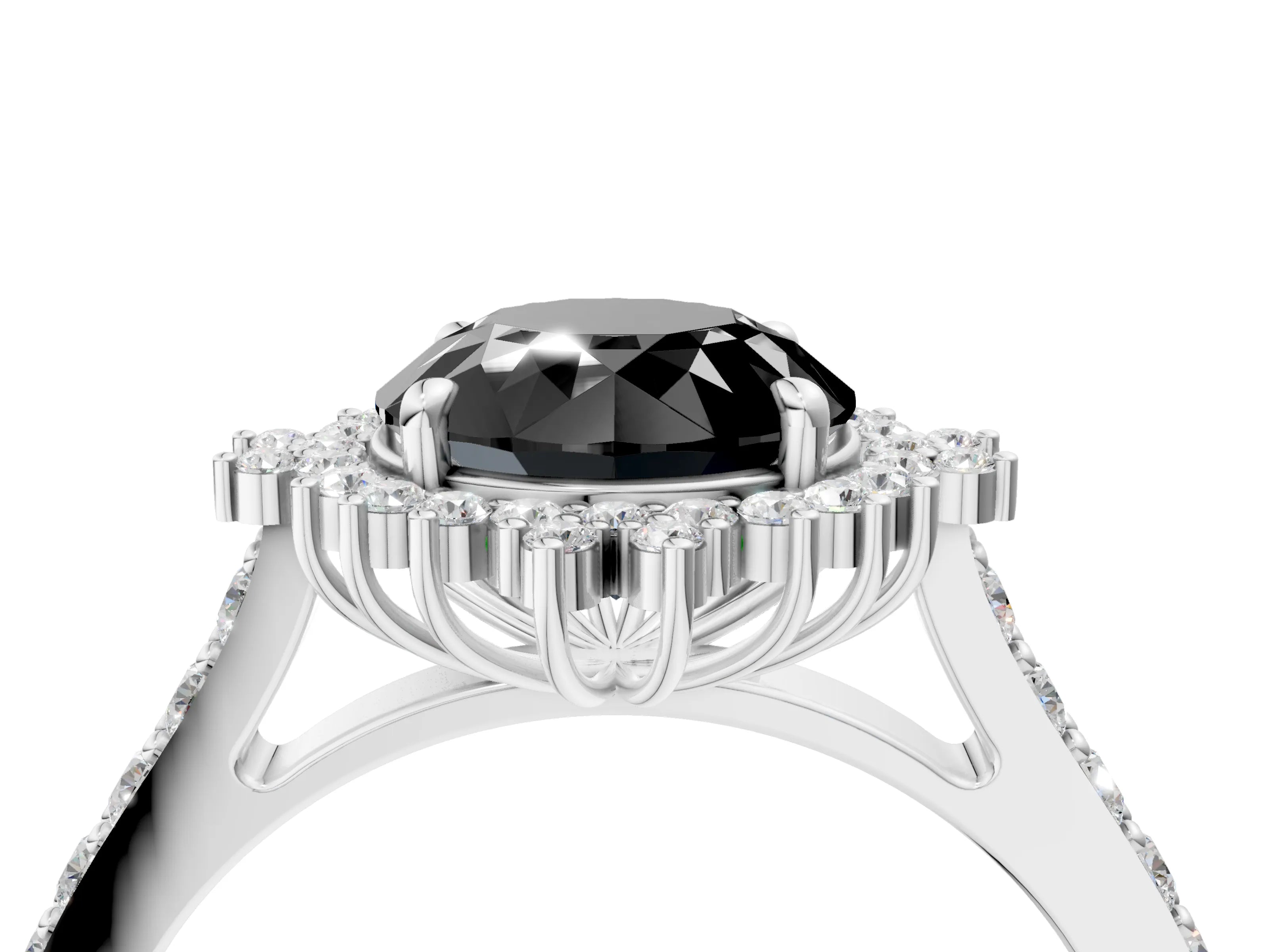 White gold Fancy Black Round Cut Cut Diamond Sunburst Halo Engagement Ring with Pavé Band_16