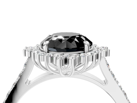 White gold Fancy Black Round Cut Cut Diamond Sunburst Halo Engagement Ring with Pavé Band_16