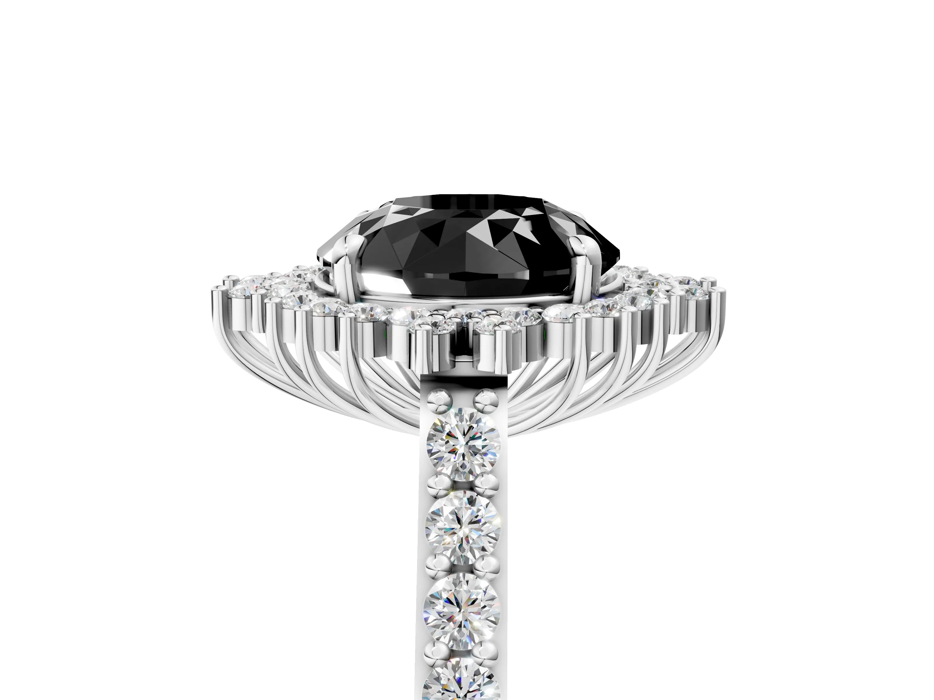 White gold Fancy Black Round Cut Cut Diamond Sunburst Halo Engagement Ring with Pavé Band_17