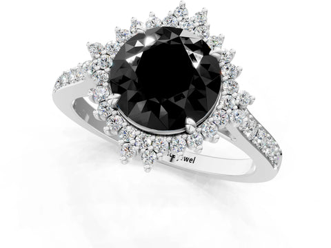 White gold Fancy Black Round Cut Cut Diamond Sunburst Halo Engagement Ring with Pavé Band_1