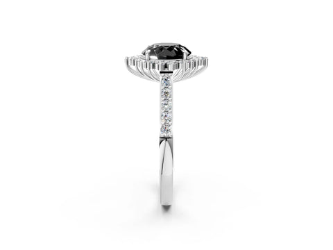 White gold Fancy Black Round Cut Cut Diamond Sunburst Halo Engagement Ring with Pavé Band_2