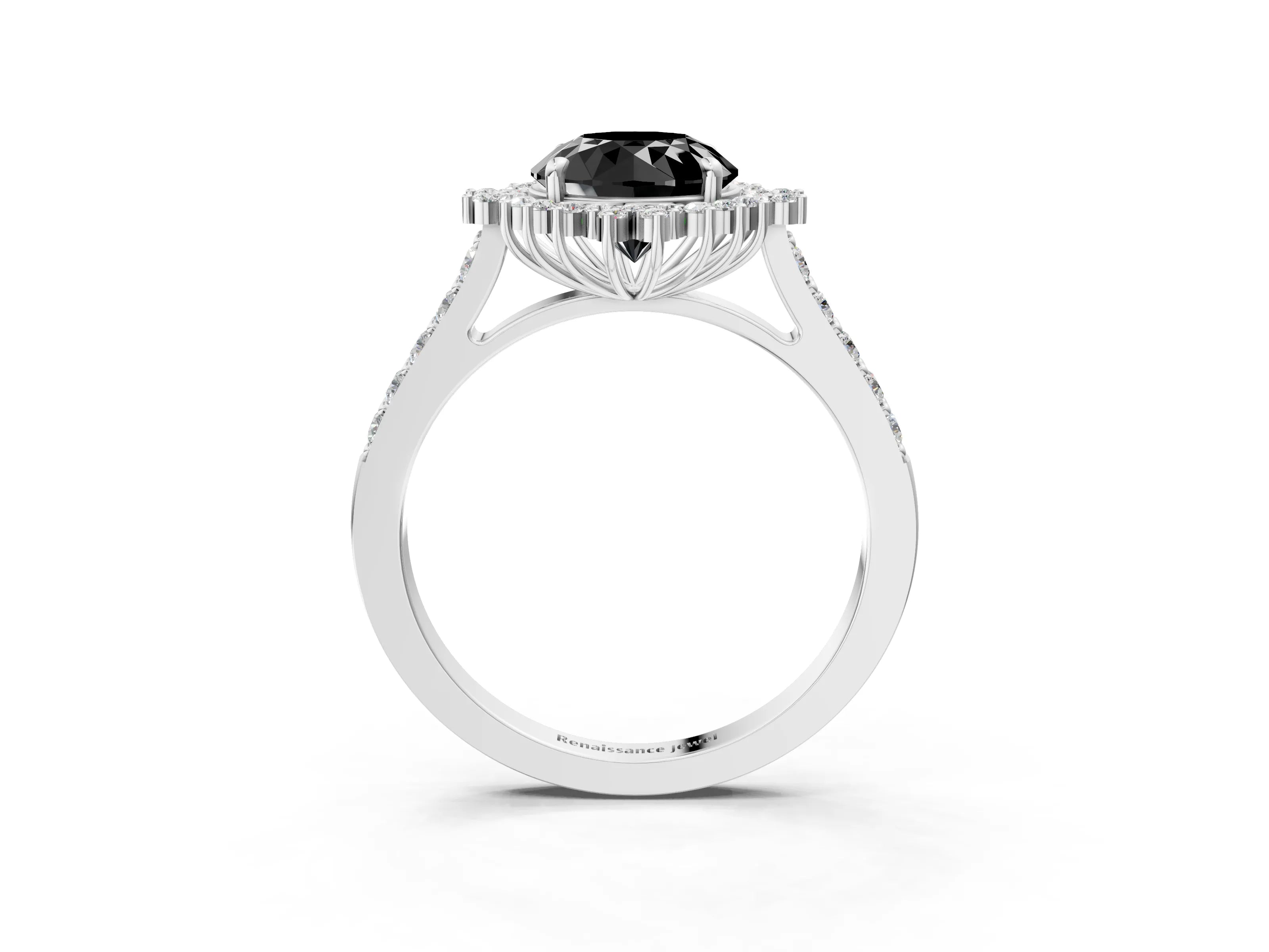 White gold Fancy Black Round Cut Cut Diamond Sunburst Halo Engagement Ring with Pavé Band_3
