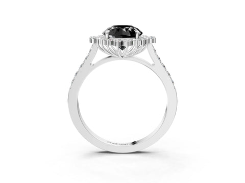 White gold Fancy Black Round Cut Cut Diamond Sunburst Halo Engagement Ring with Pavé Band_3