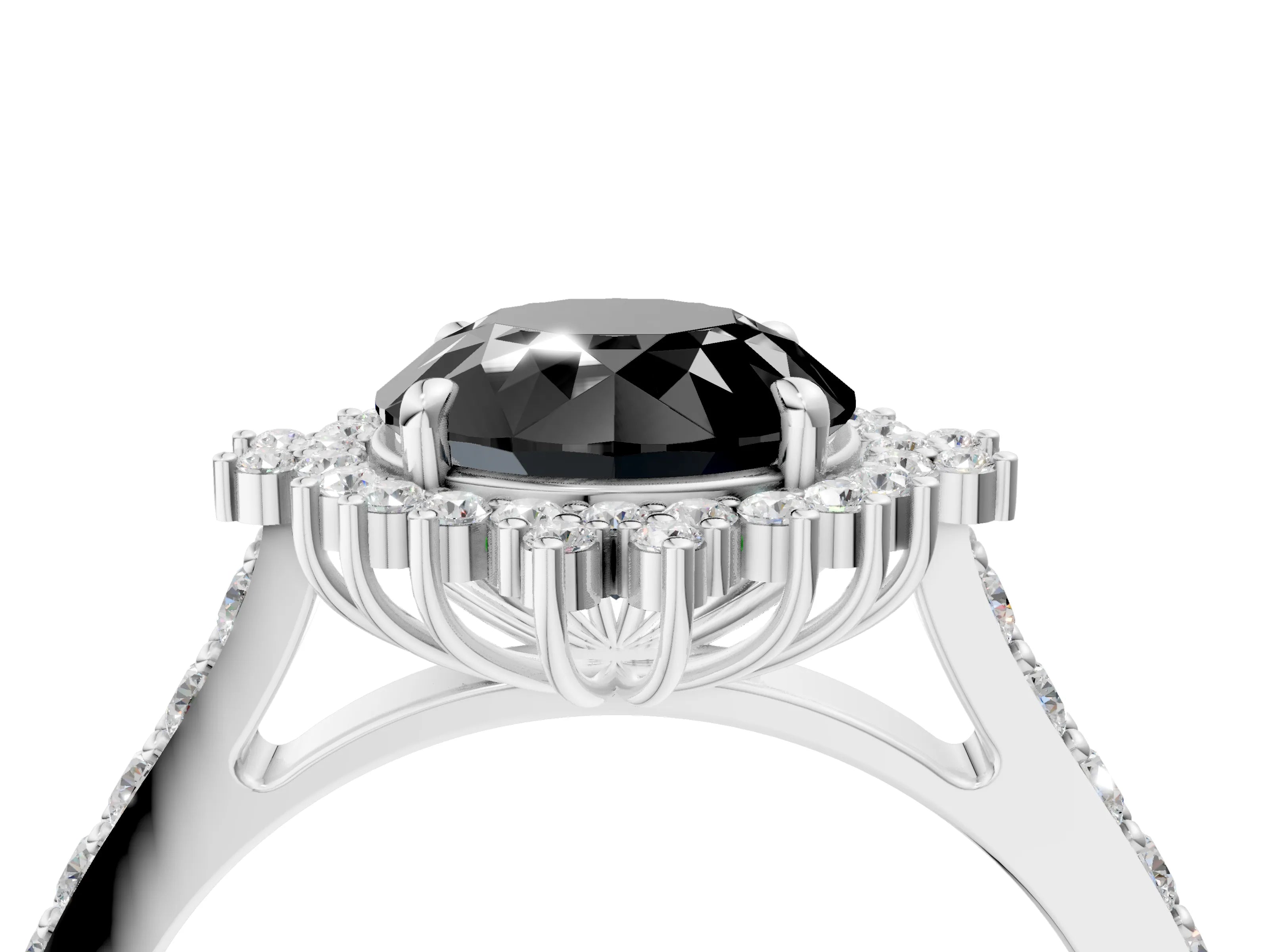 White gold Fancy Black Round Cut Cut Diamond Sunburst Halo Engagement Ring with Pavé Band_4