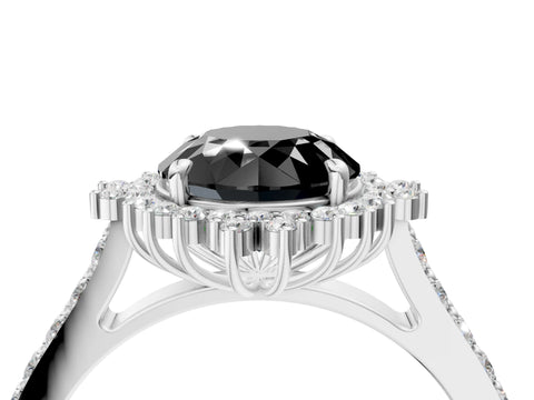 White gold Fancy Black Round Cut Cut Diamond Sunburst Halo Engagement Ring with Pavé Band_4