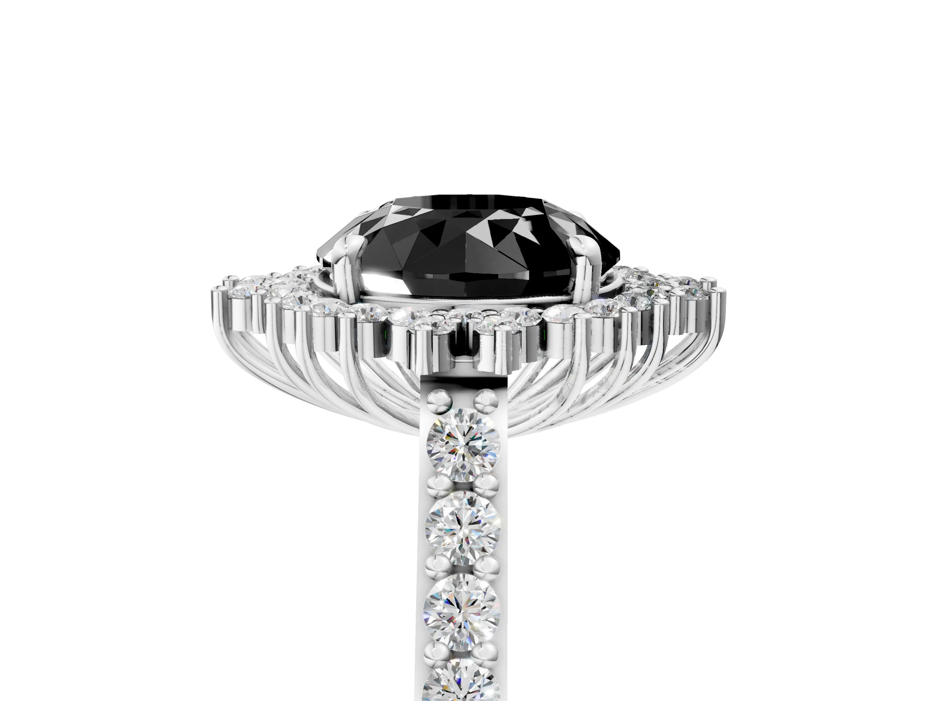 White gold Fancy Black Round Cut Cut Diamond Sunburst Halo Engagement Ring with Pavé Band_5