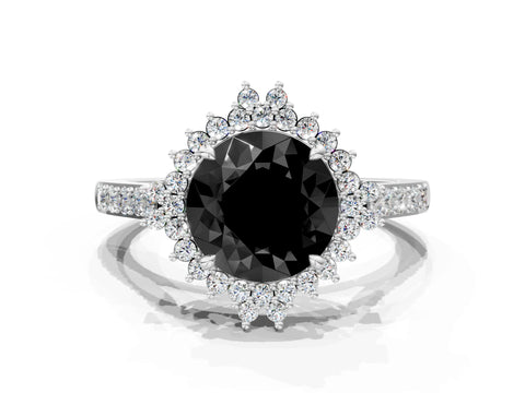 White gold Fancy Black Round Cut Cut Diamond Sunburst Halo Engagement Ring with Pavé Band