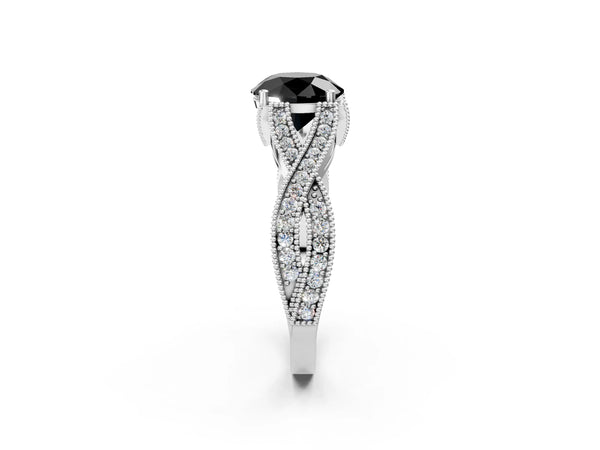 White Gold Round Graduated Pave Twist Engagement Ring Setting for Black Center