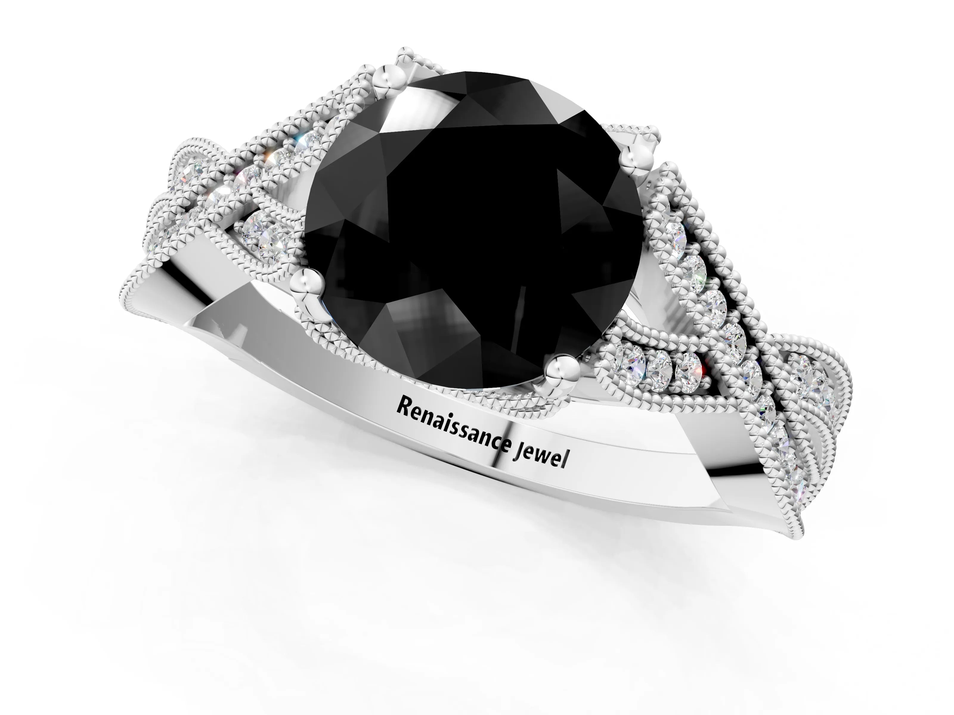 White gold Fancy Black Round Cut Cut Diamond Twisted Band with Milgrain Pave Setting and Four-Prong Setting_1