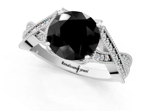 White gold Fancy Black Round Cut Cut Diamond Twisted Band with Milgrain Pave Setting and Four-Prong Setting_1
