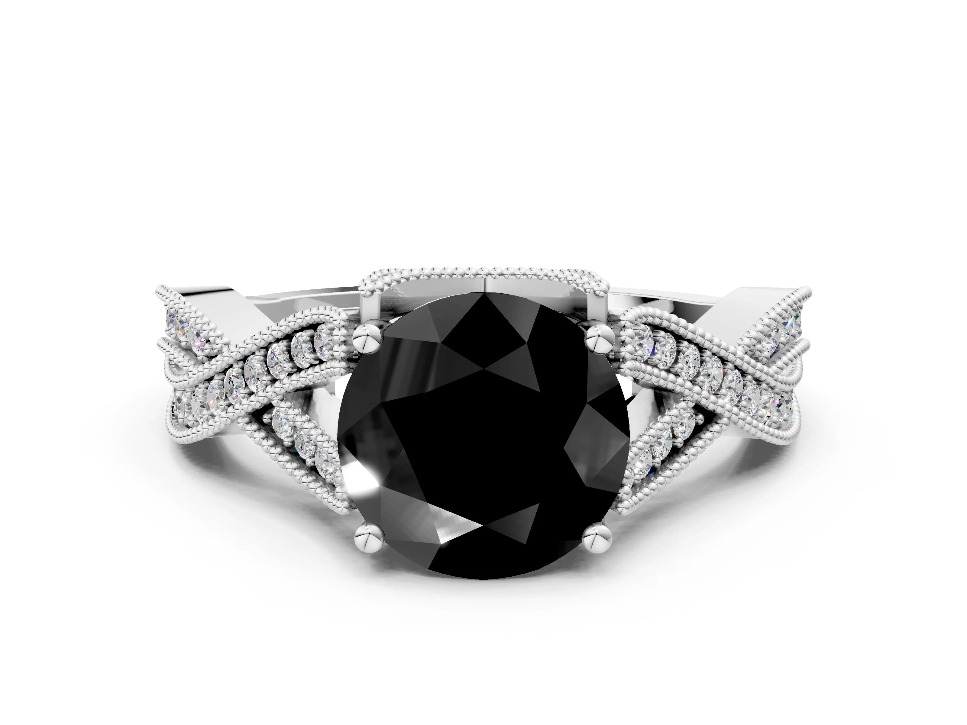 White gold Fancy Black Round Cut Cut Diamond Twisted Band with Milgrain Pave Setting and Four-Prong Setting