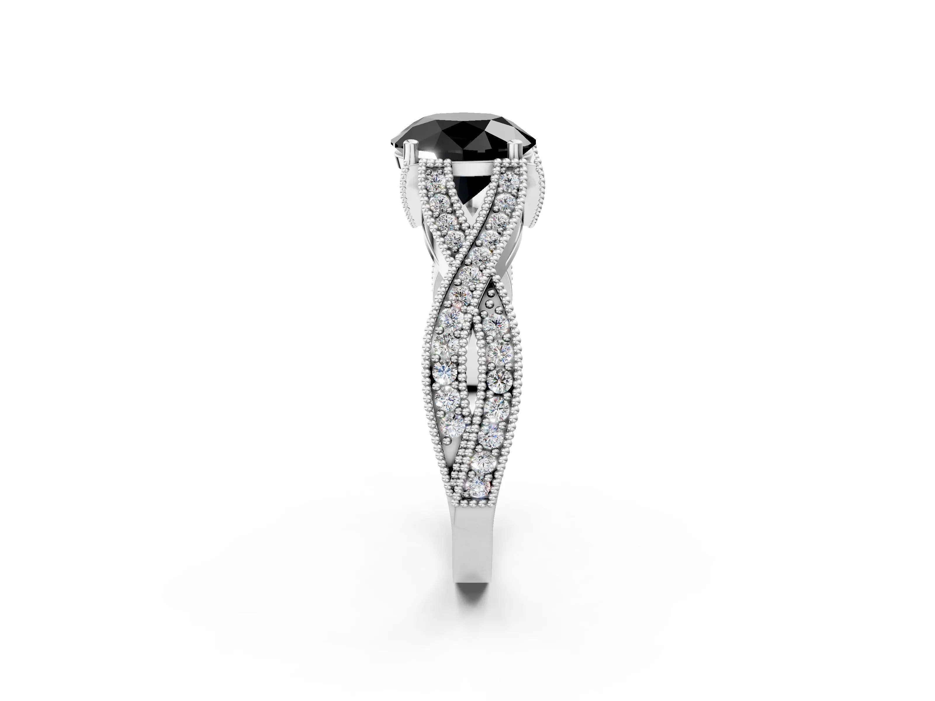 White gold Fancy Black Round Cut Cut Diamond Twisted Band with Milgrain Pave Setting and Four-Prong Setting_2
