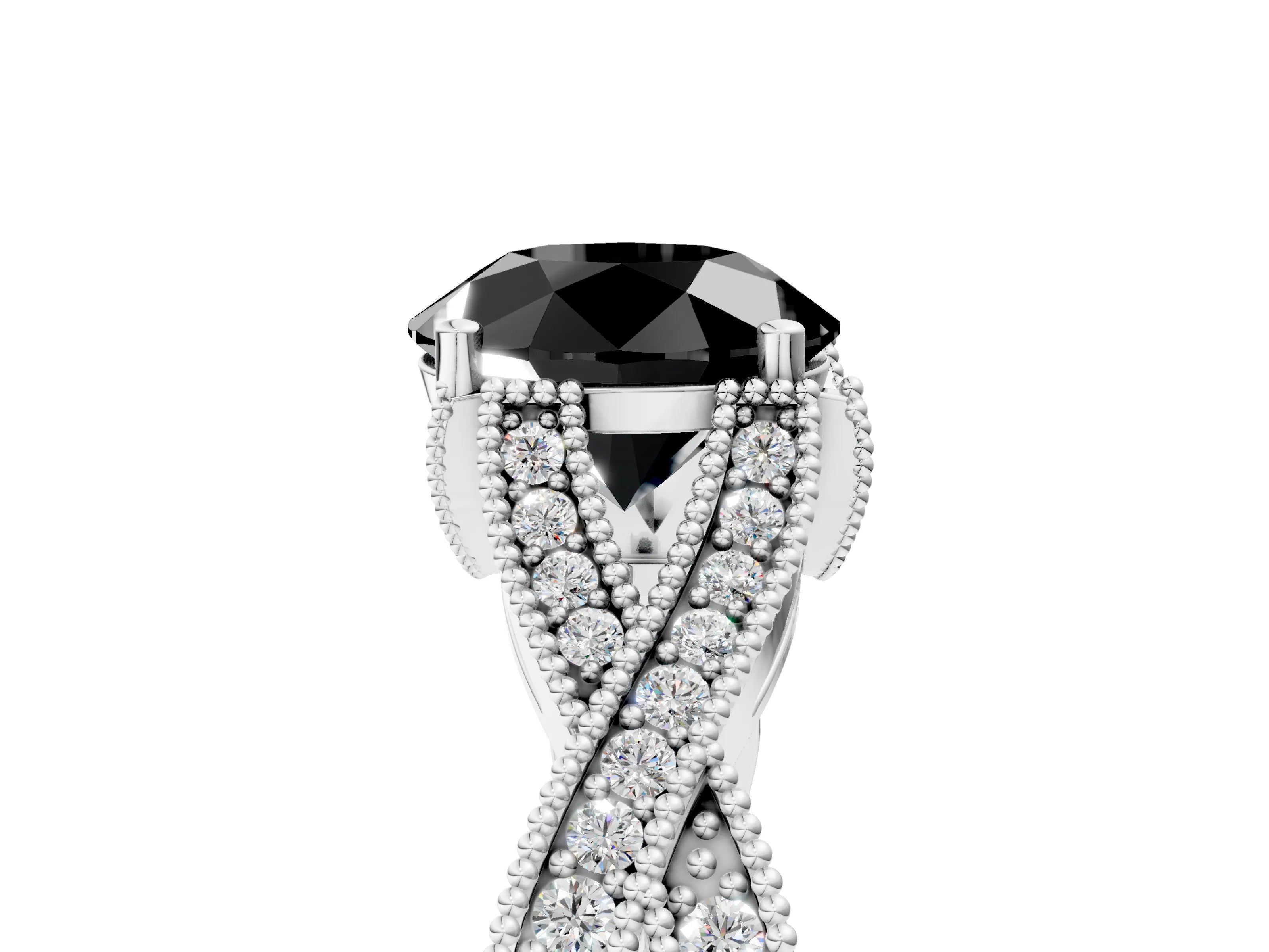 White gold Fancy Black Round Cut Cut Diamond Twisted Band with Milgrain Pave Setting and Four-Prong Setting_5