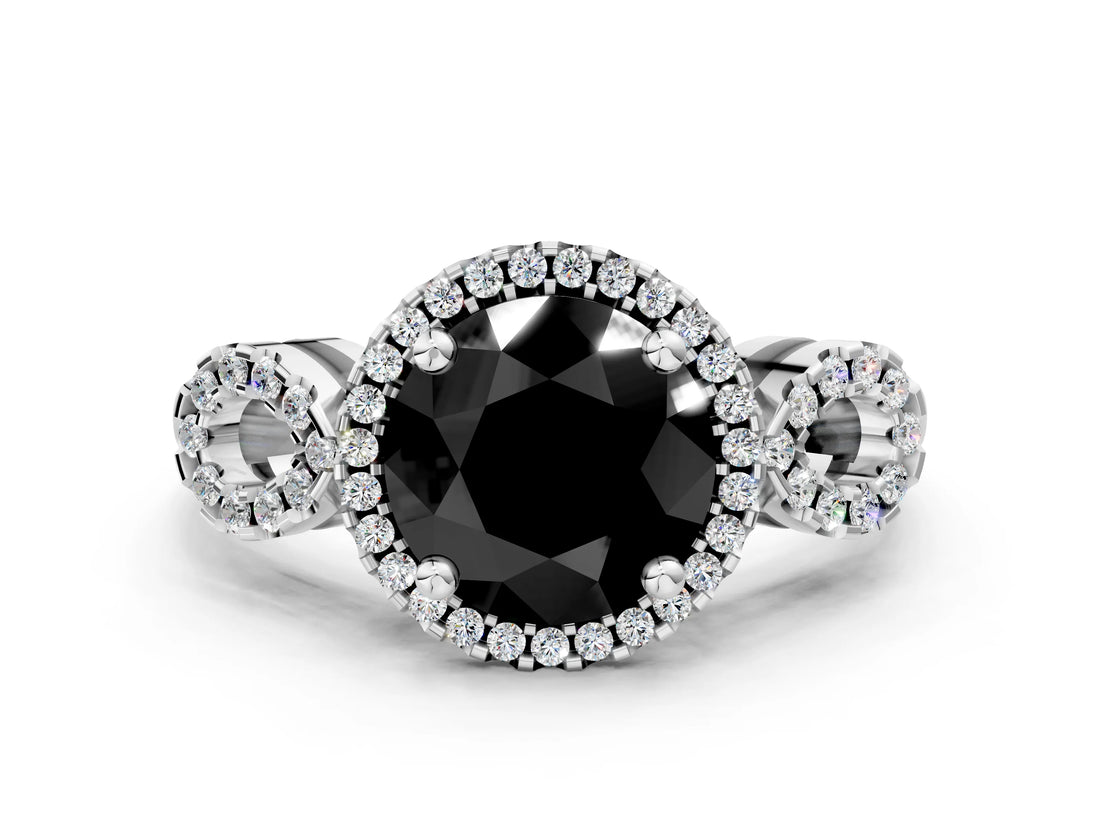 White gold Fancy Black Round Cut Cut Halo Diamond Infinity Band with Four-Prong Setting