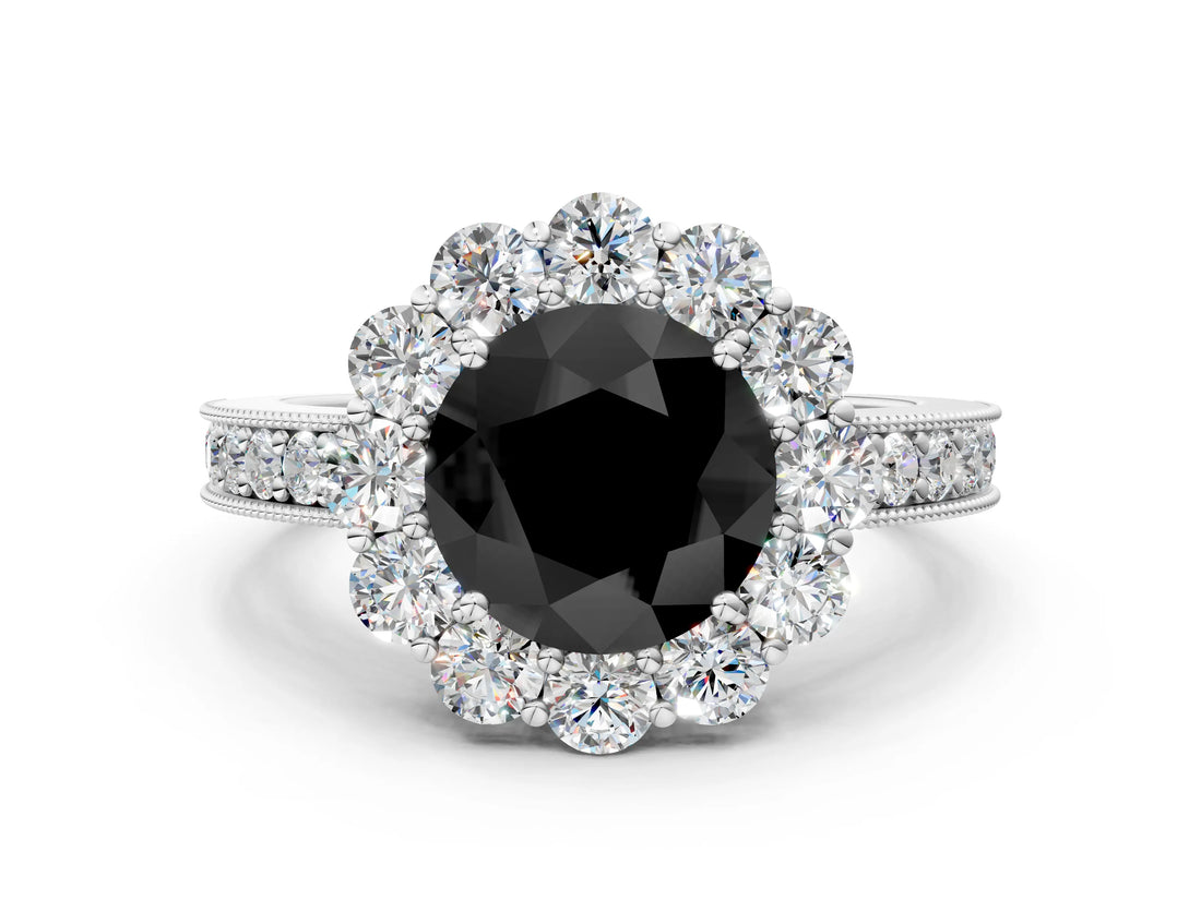 White gold Fancy Black Round Cut Cut Halo Diamond Pavé Engagement Ring with Milgrain Detailing_12