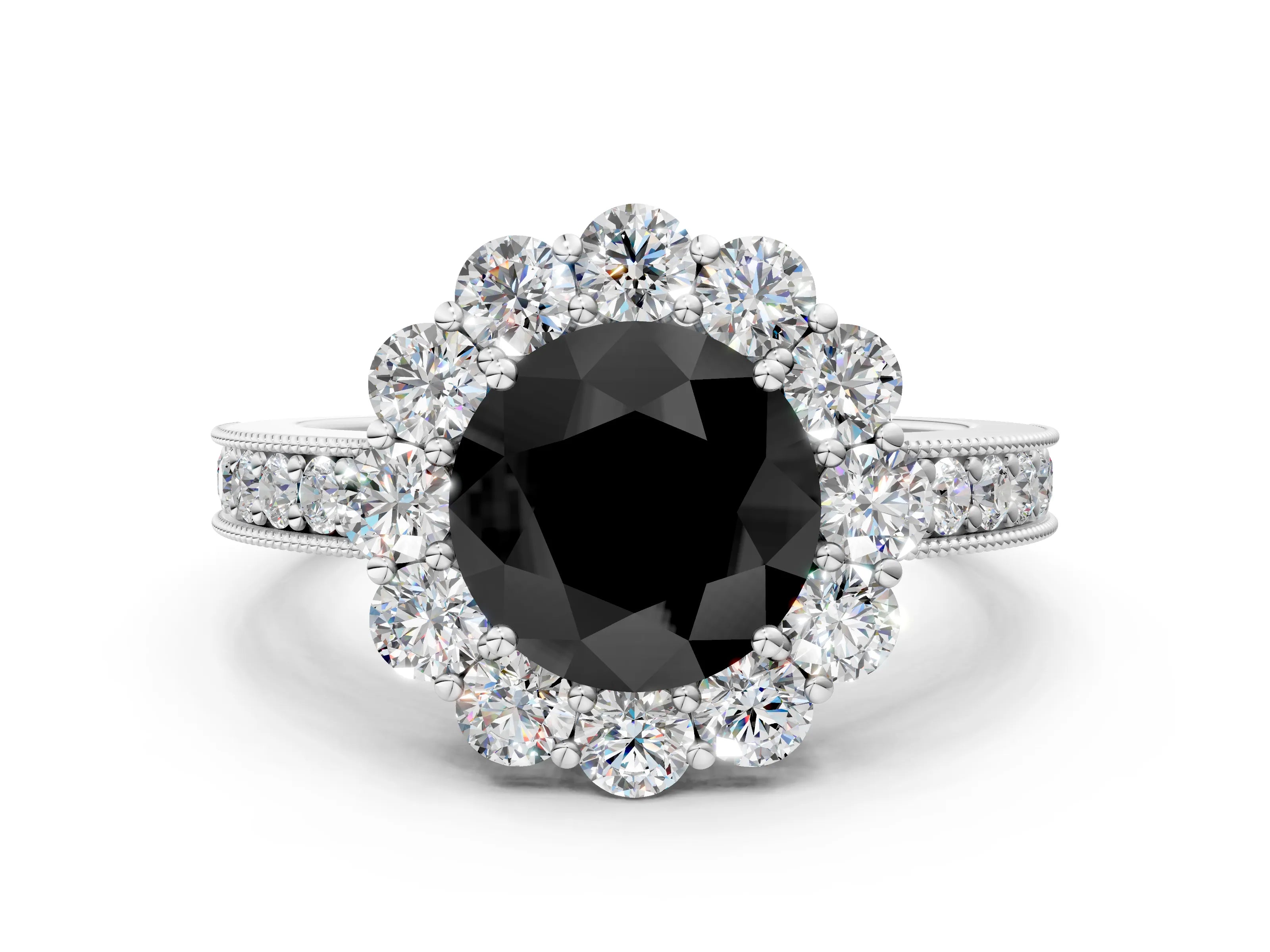 White gold Fancy Black Round Cut Cut Halo Diamond Pavé Engagement Ring with Milgrain Detailing_12