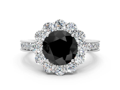 White gold Fancy Black Round Cut Cut Halo Diamond Pavé Engagement Ring with Milgrain Detailing_12