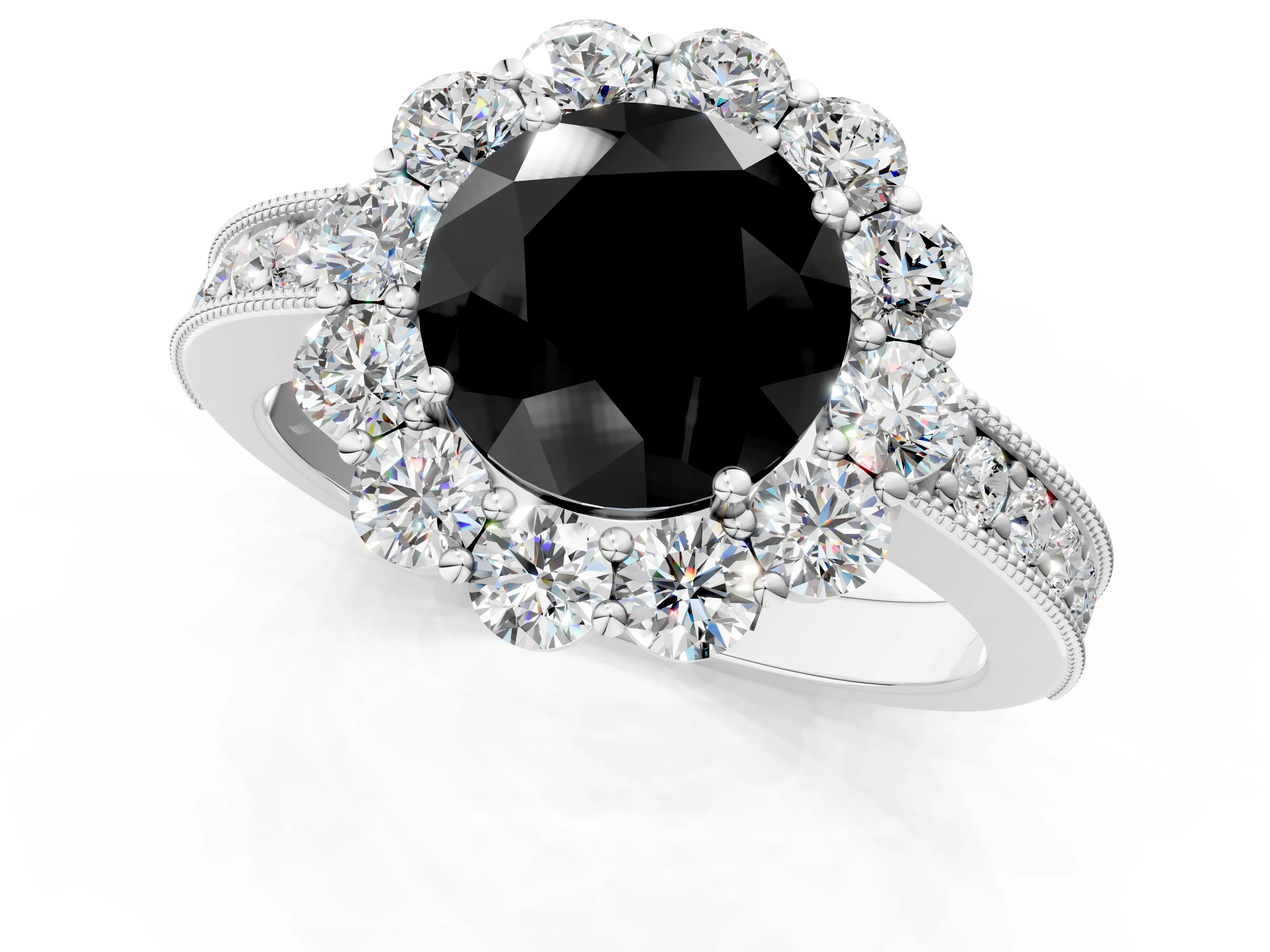 White gold Fancy Black Round Cut Cut Halo Diamond Pavé Engagement Ring with Milgrain Detailing_13