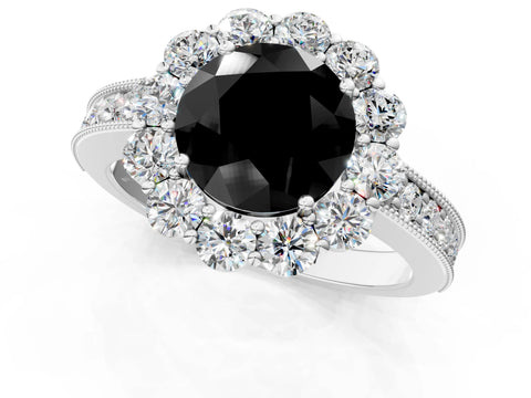White gold Fancy Black Round Cut Cut Halo Diamond Pavé Engagement Ring with Milgrain Detailing_13