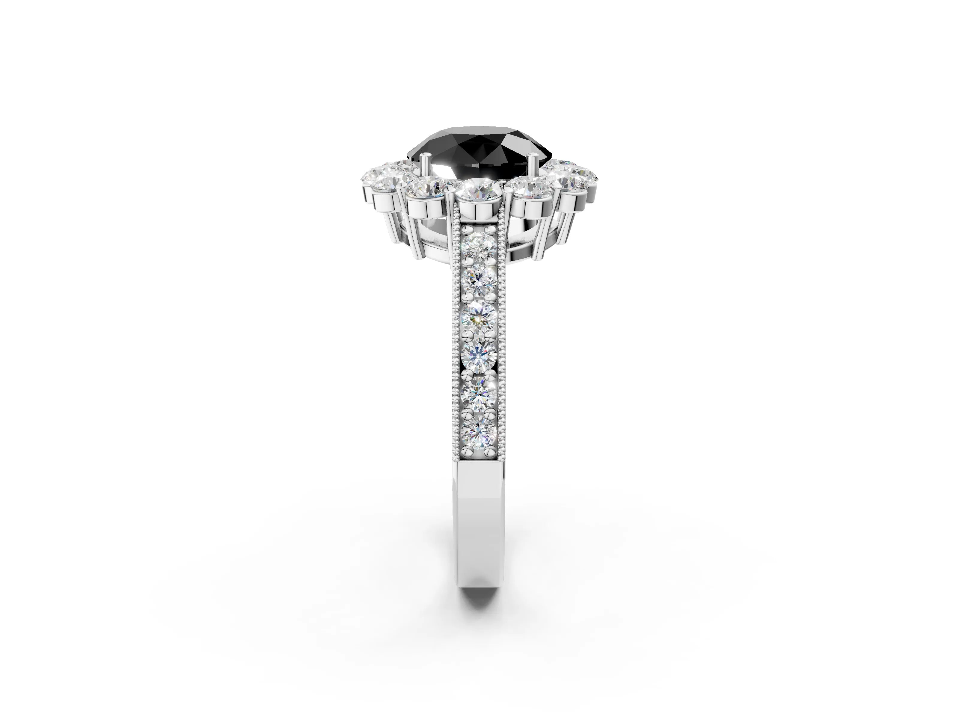 White gold Fancy Black Round Cut Cut Halo Diamond Pavé Engagement Ring with Milgrain Detailing_14