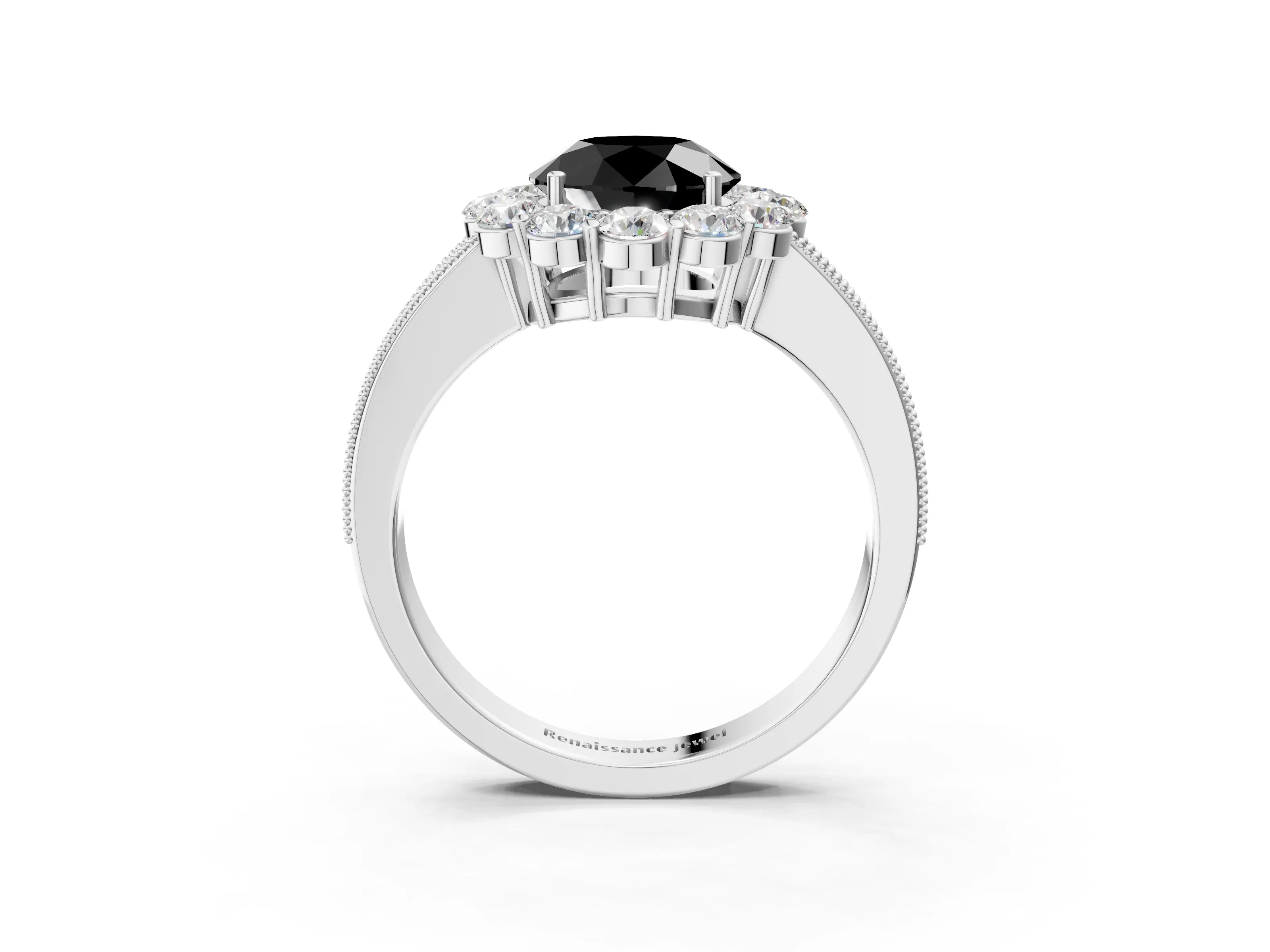 White gold Fancy Black Round Cut Cut Halo Diamond Pavé Engagement Ring with Milgrain Detailing_15