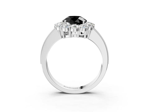 White gold Fancy Black Round Cut Cut Halo Diamond Pavé Engagement Ring with Milgrain Detailing_15