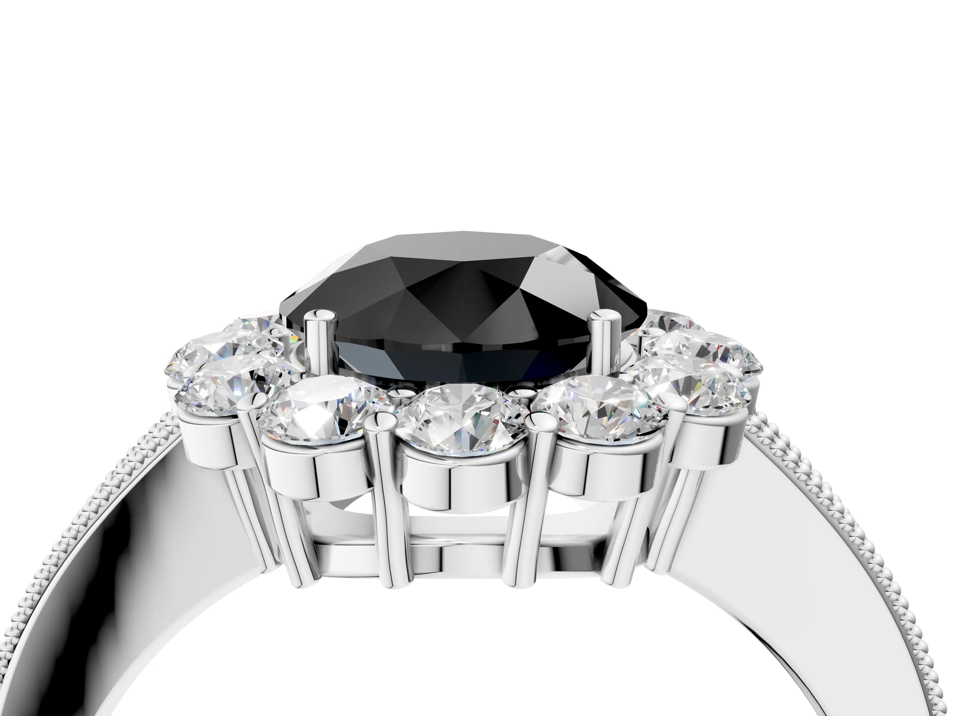 White gold Fancy Black Round Cut Cut Halo Diamond Pavé Engagement Ring with Milgrain Detailing_16