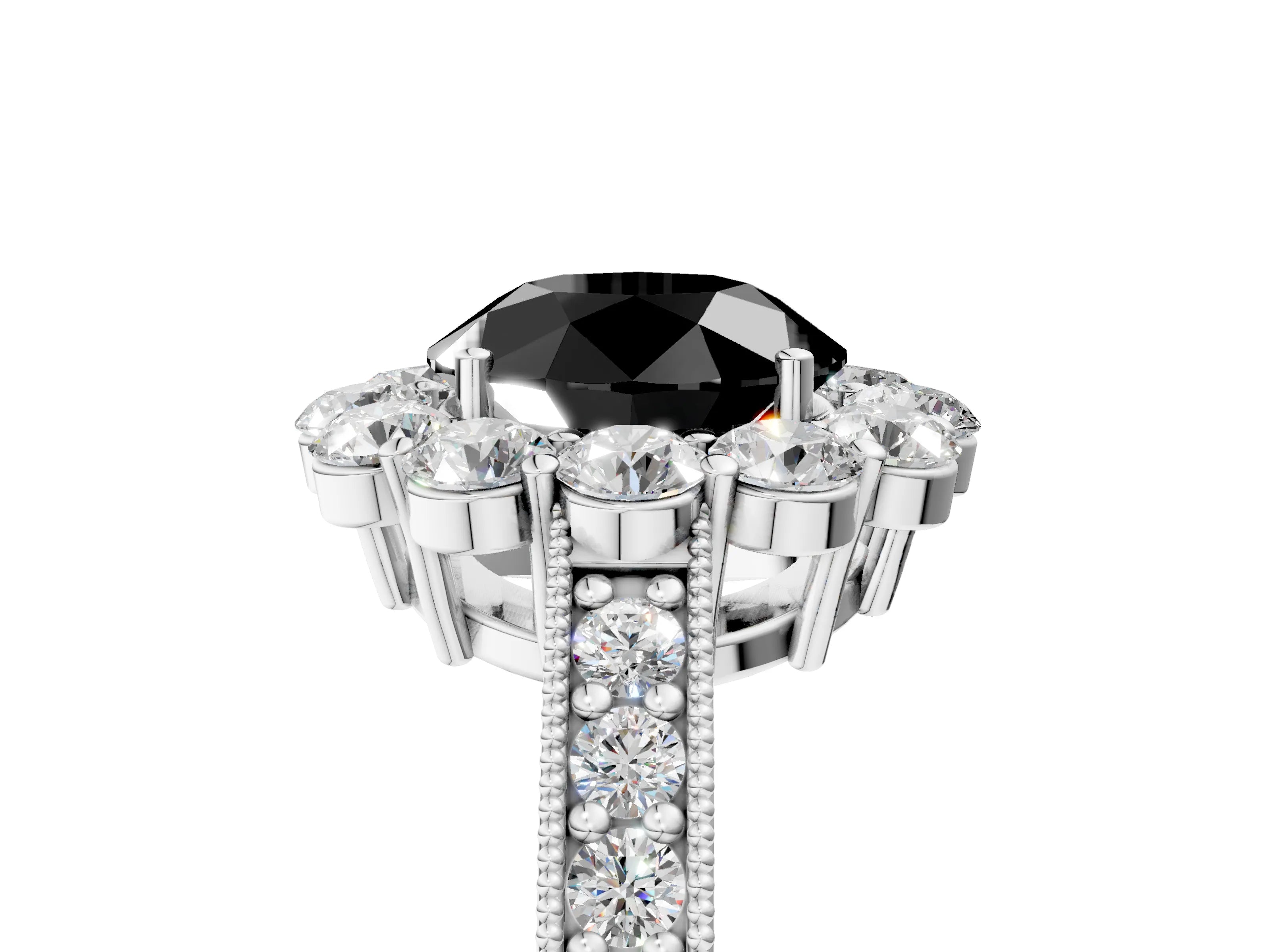White gold Fancy Black Round Cut Cut Halo Diamond Pavé Engagement Ring with Milgrain Detailing_17