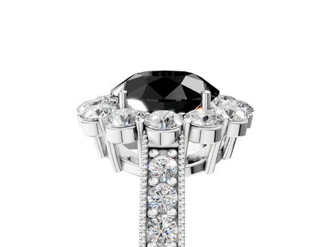 White gold Fancy Black Round Cut Cut Halo Diamond Pavé Engagement Ring with Milgrain Detailing_17