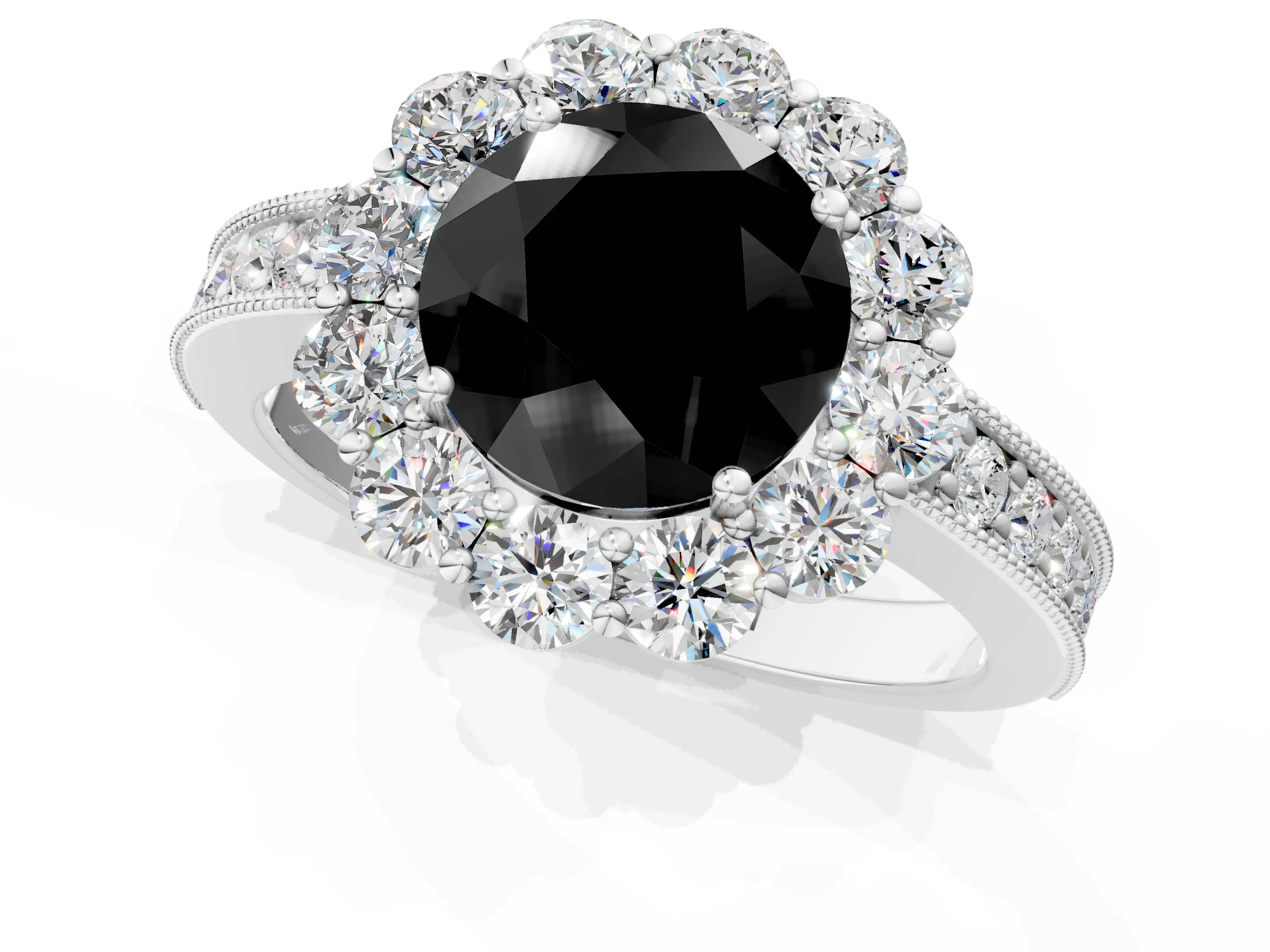 White gold Fancy Black Round Cut Cut Halo Diamond Pavé Engagement Ring with Milgrain Detailing_1