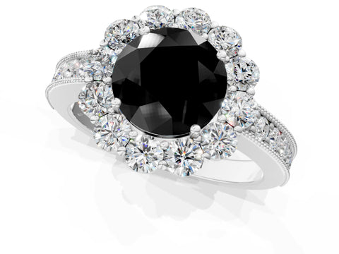 White gold Fancy Black Round Cut Cut Halo Diamond Pavé Engagement Ring with Milgrain Detailing_1