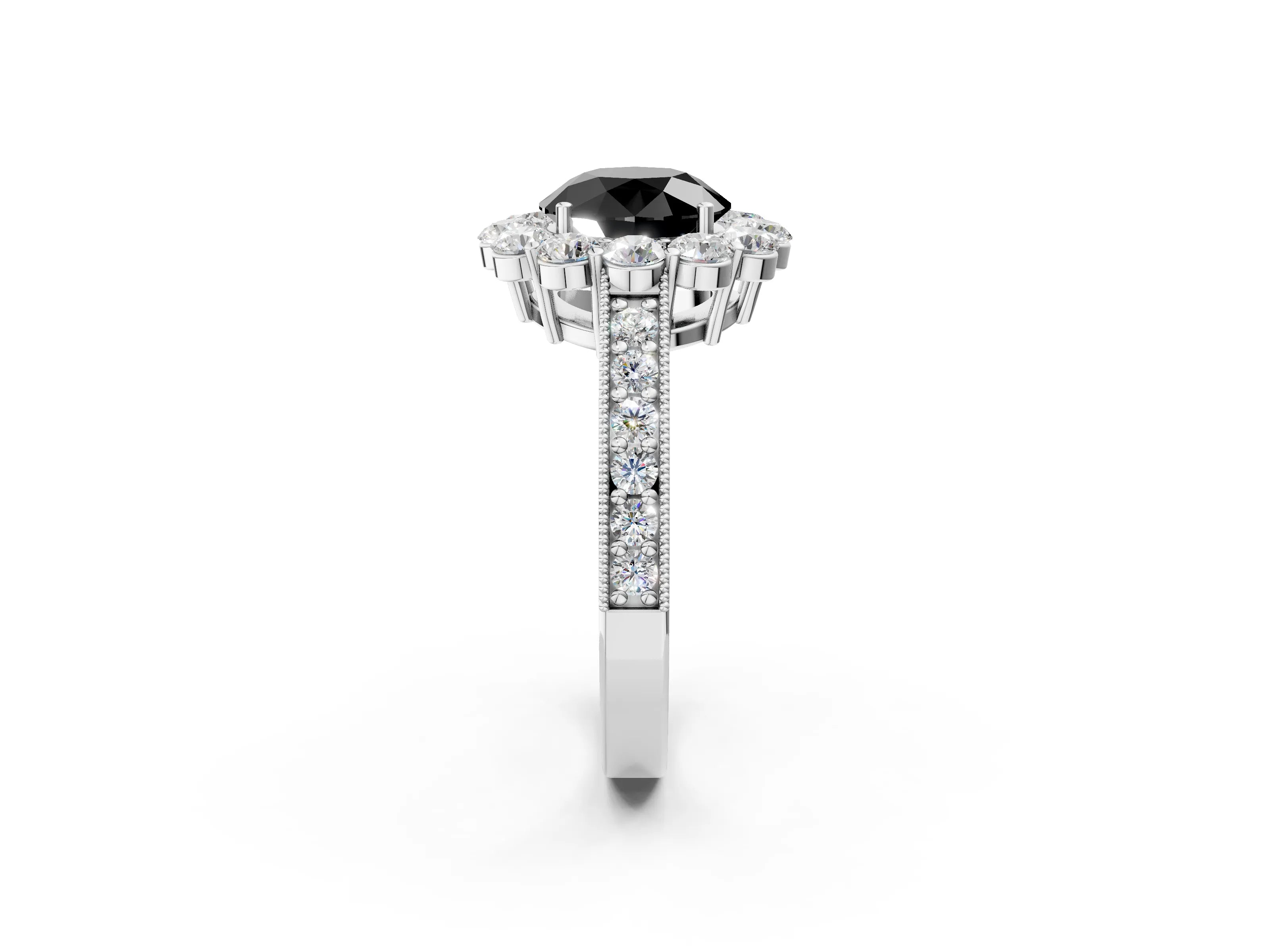 White gold Fancy Black Round Cut Cut Halo Diamond Pavé Engagement Ring with Milgrain Detailing_2