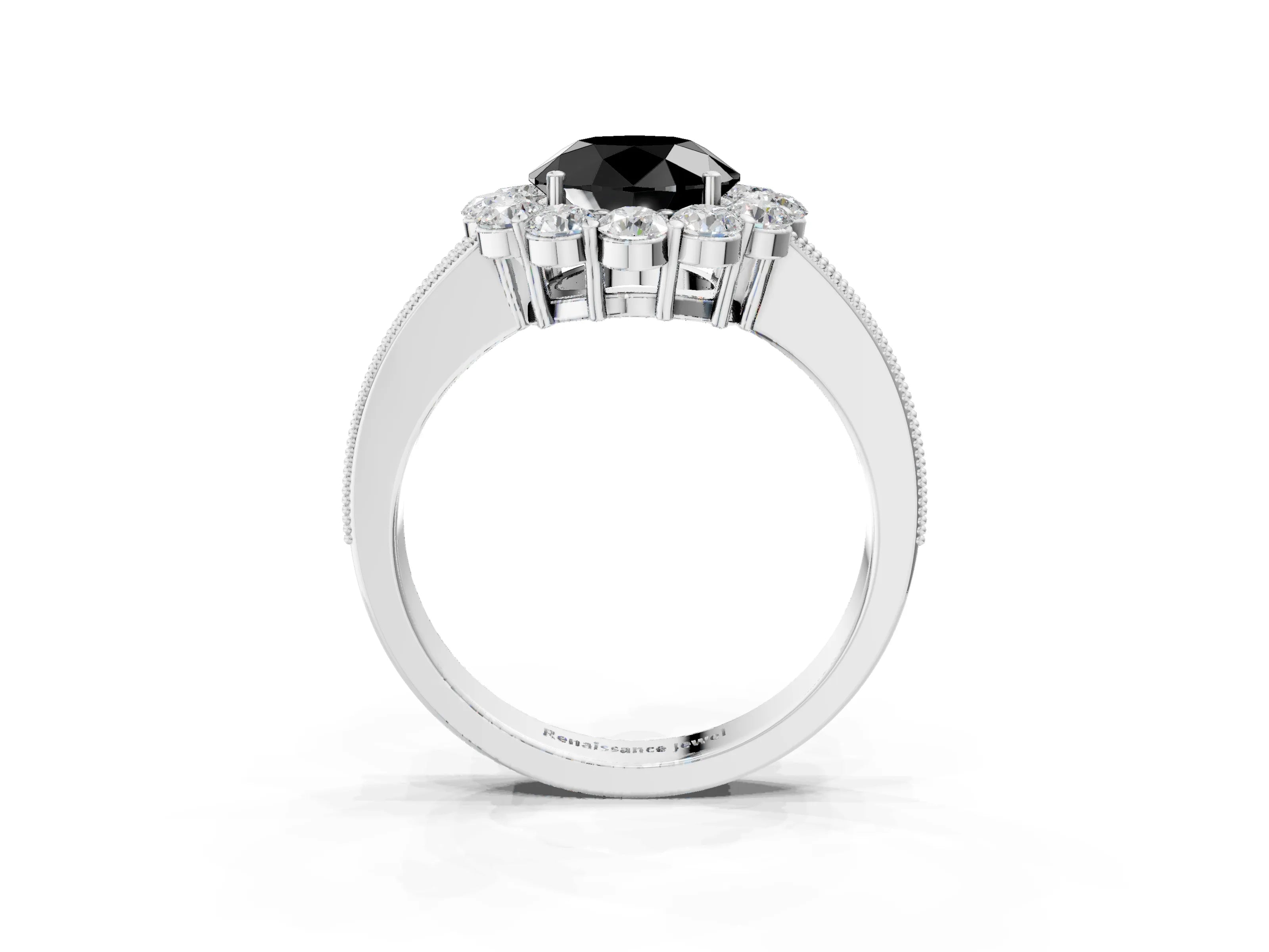 White gold Fancy Black Round Cut Cut Halo Diamond Pavé Engagement Ring with Milgrain Detailing_3
