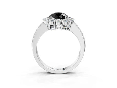 White gold Fancy Black Round Cut Cut Halo Diamond Pavé Engagement Ring with Milgrain Detailing_3
