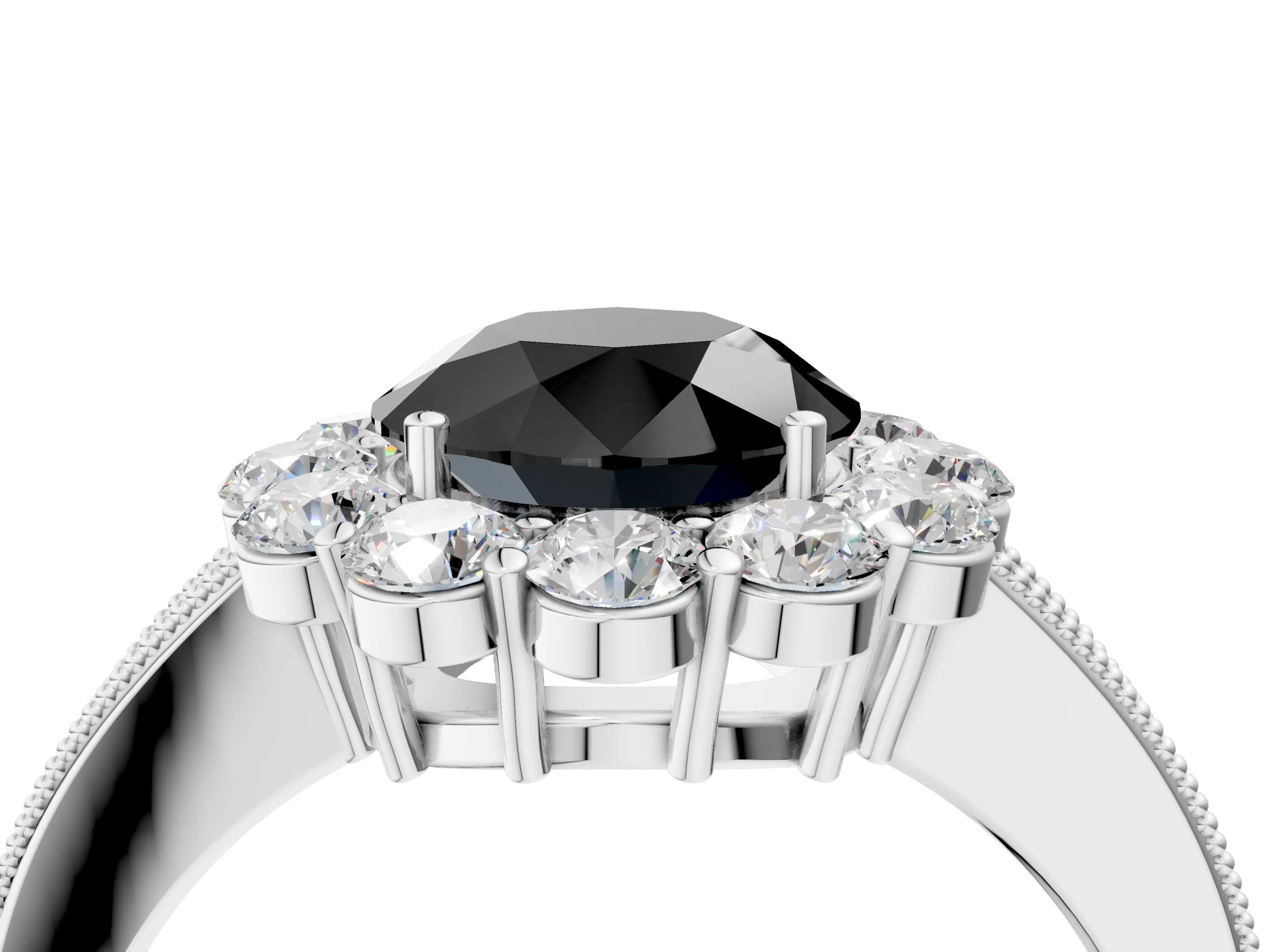 White gold Fancy Black Round Cut Cut Halo Diamond Pavé Engagement Ring with Milgrain Detailing_4