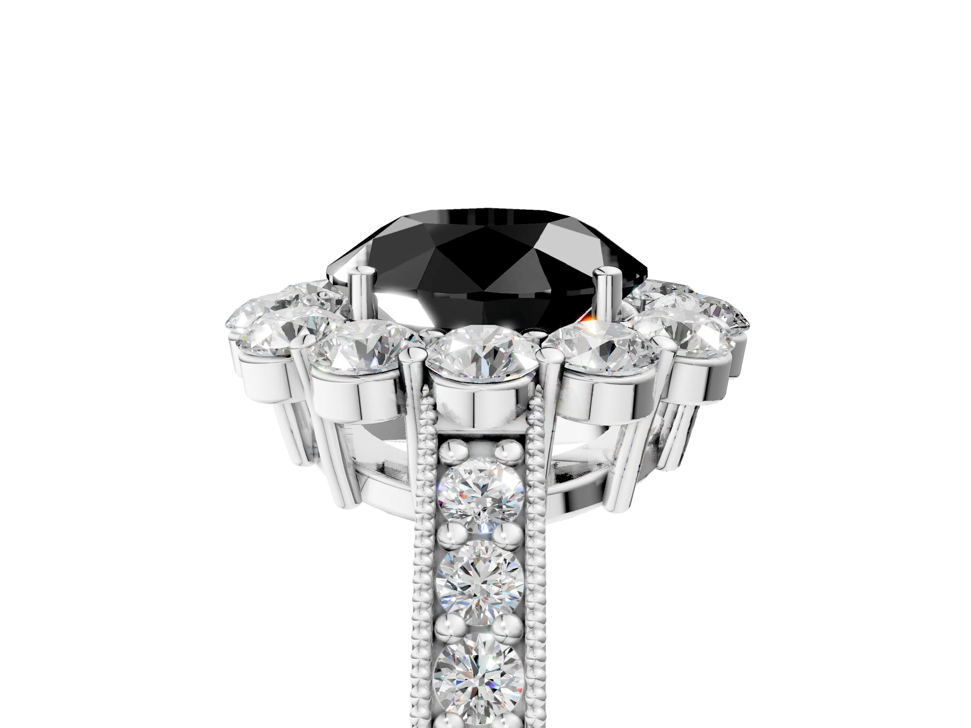 White gold Fancy Black Round Cut Cut Halo Diamond Pavé Engagement Ring with Milgrain Detailing_5