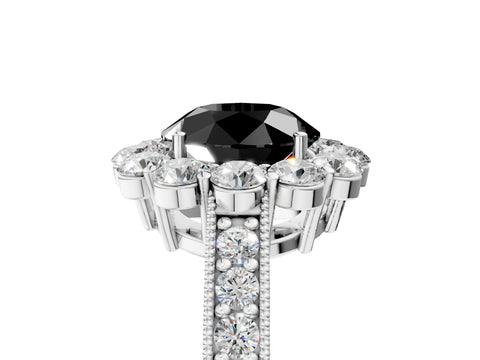 White gold Fancy Black Round Cut Cut Halo Diamond Pavé Engagement Ring with Milgrain Detailing_5
