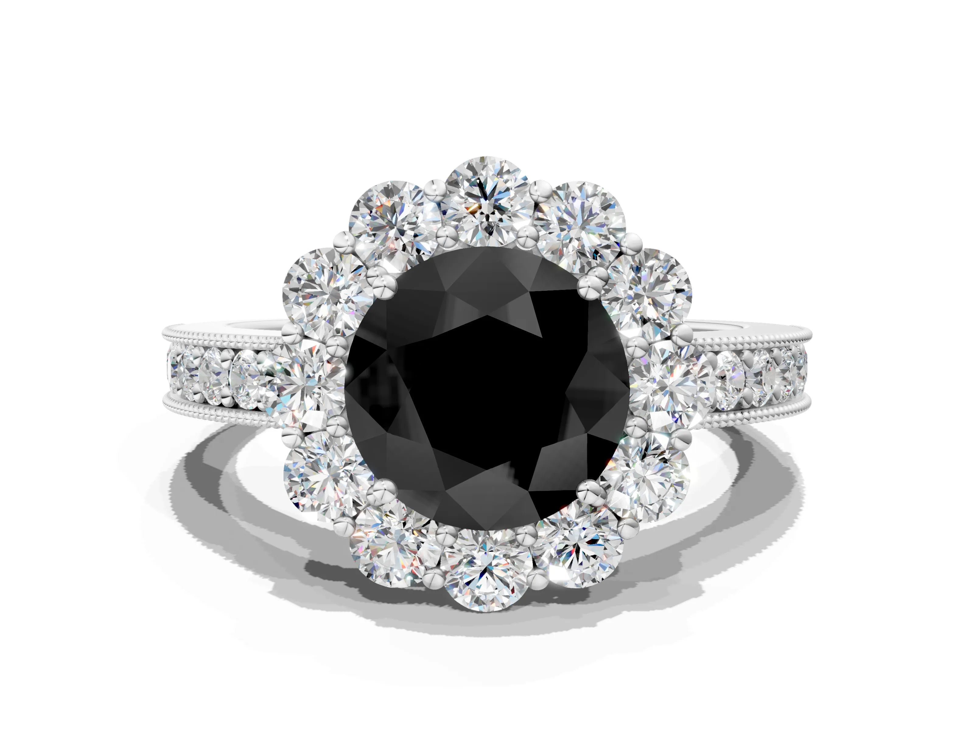 White gold Fancy Black Round Cut Cut Halo Diamond Pavé Engagement Ring with Milgrain Detailing