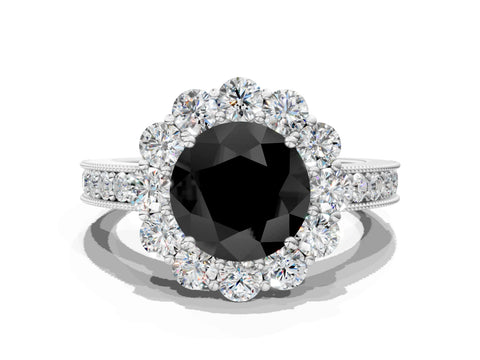 White gold Fancy Black Round Cut Cut Halo Diamond Pavé Engagement Ring with Milgrain Detailing