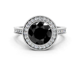 White gold Fancy Black Round Cut Cut Halo Pavé Diamond Ring