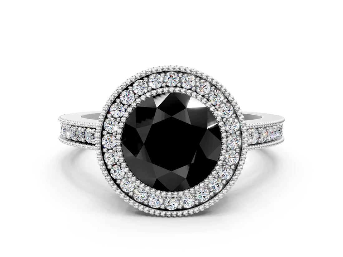 White gold Fancy Black Round Cut Cut Halo Pavé Diamond Ring