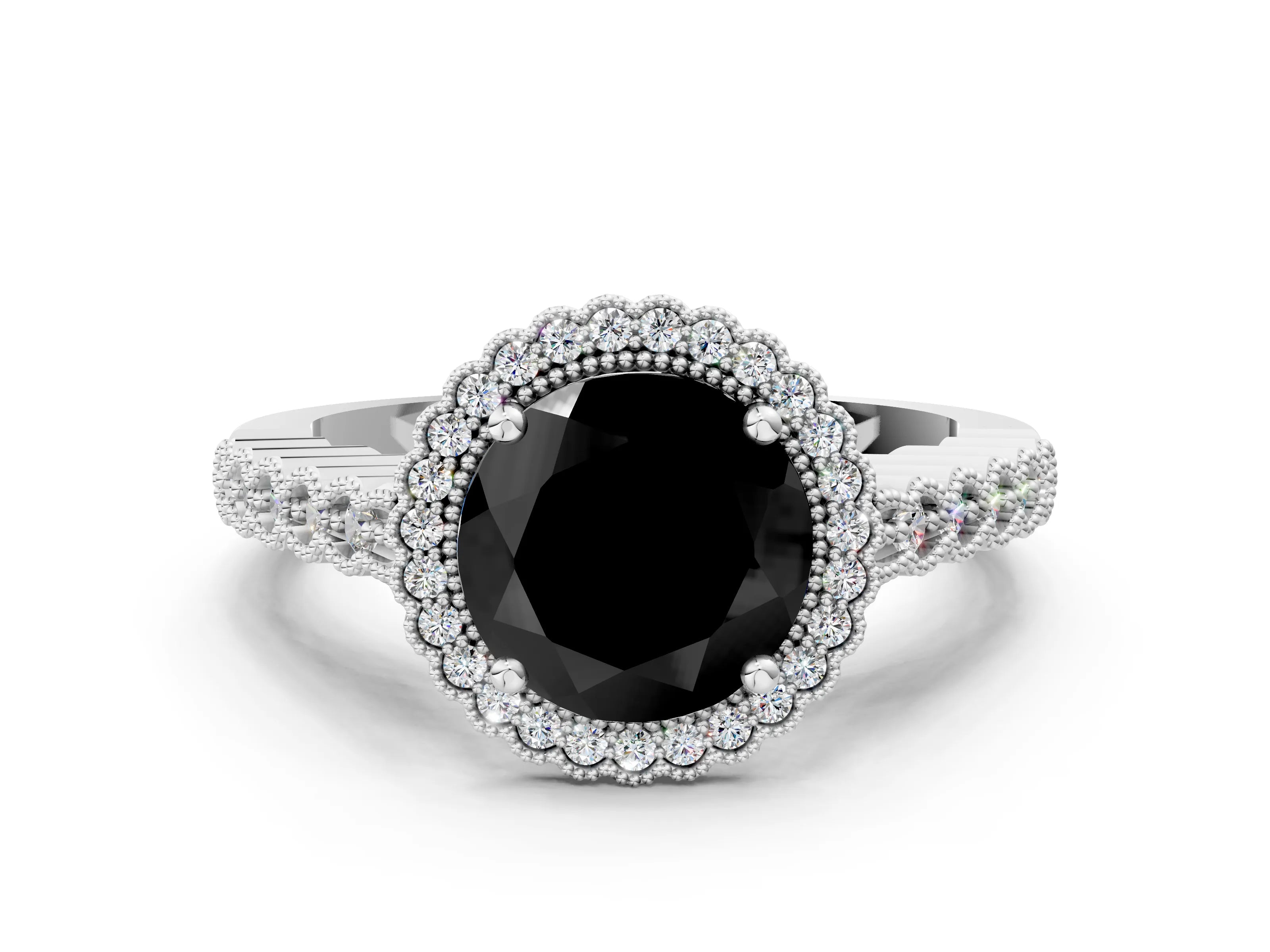 White gold Fancy Black Round Cut Cut Halo Pavé Solitaire Ring with Milgrain Band_12