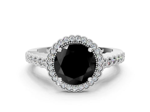 White gold Fancy Black Round Cut Cut Halo Pavé Solitaire Ring with Milgrain Band_12