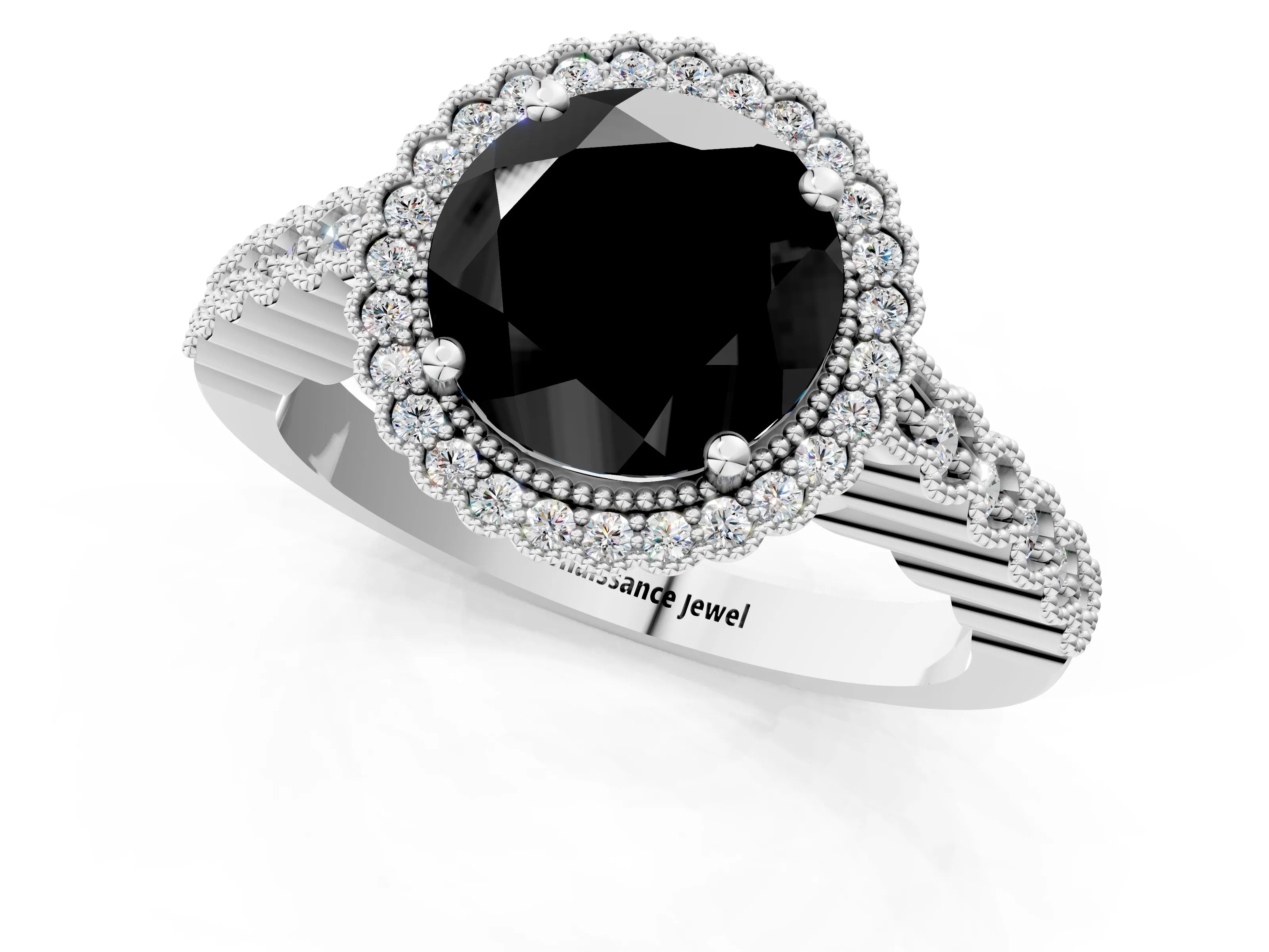 White gold Fancy Black Round Cut Cut Halo Pavé Solitaire Ring with Milgrain Band_13