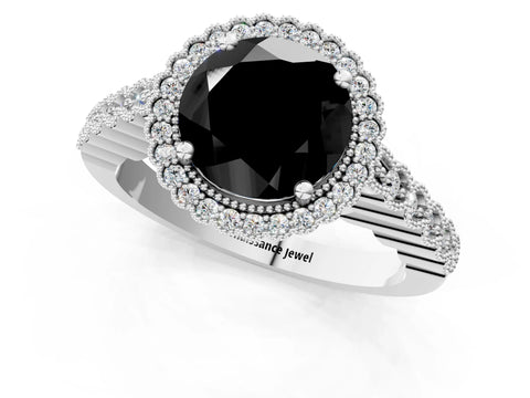 White gold Fancy Black Round Cut Cut Halo Pavé Solitaire Ring with Milgrain Band_13