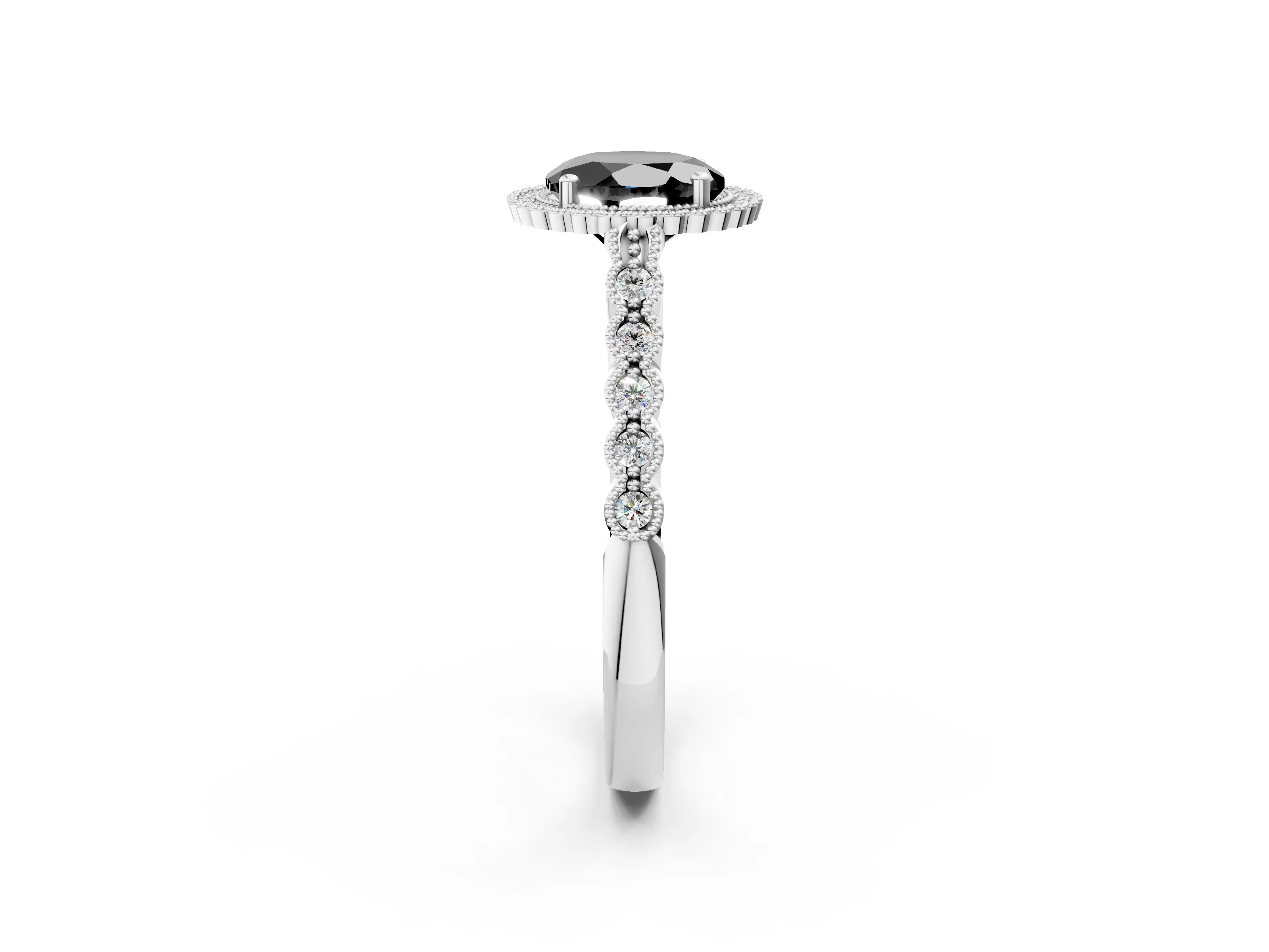 White gold Fancy Black Round Cut Cut Halo Pavé Solitaire Ring with Milgrain Band_14