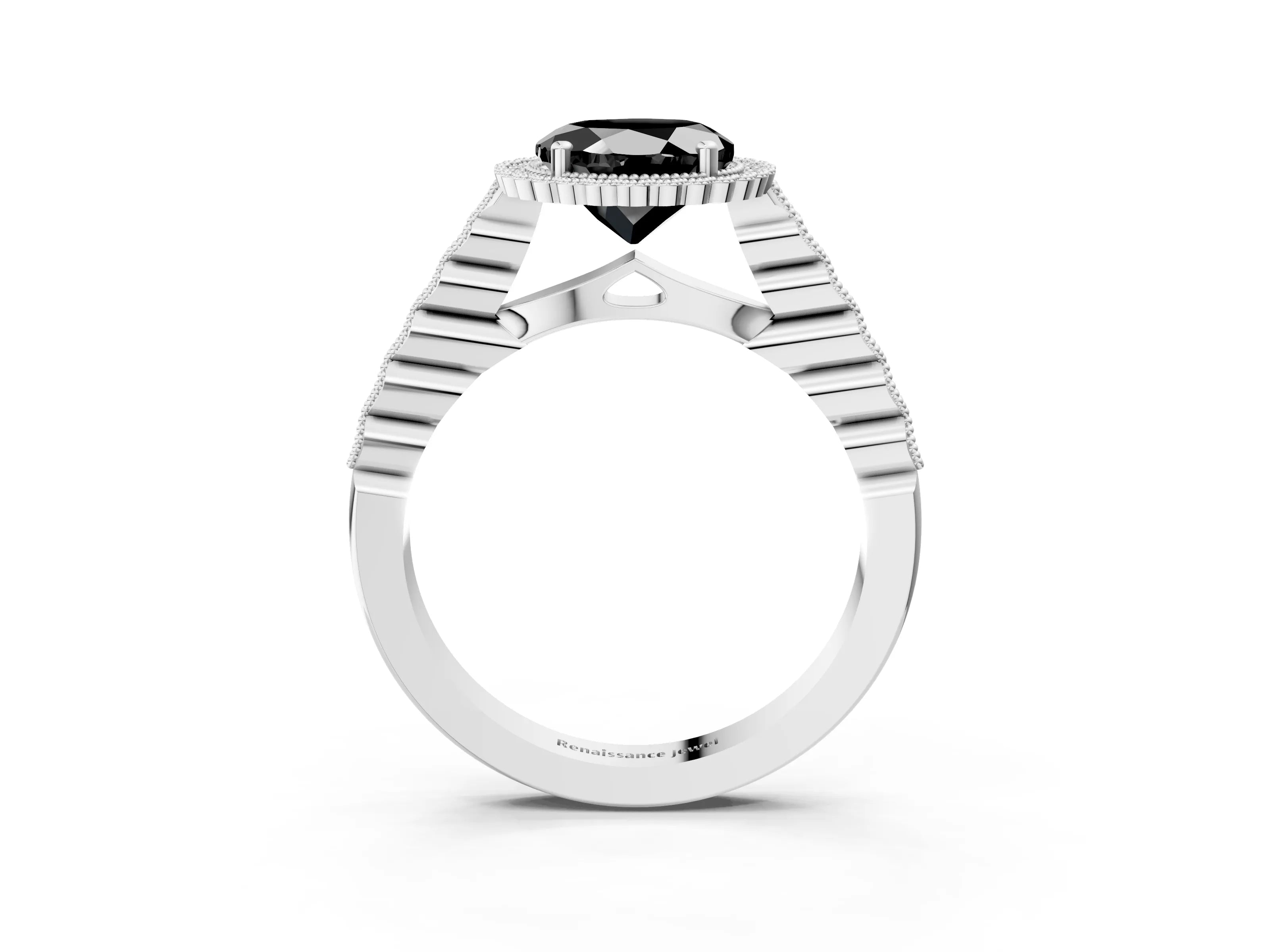 White gold Fancy Black Round Cut Cut Halo Pavé Solitaire Ring with Milgrain Band_15