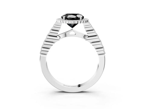 White gold Fancy Black Round Cut Cut Halo Pavé Solitaire Ring with Milgrain Band_15