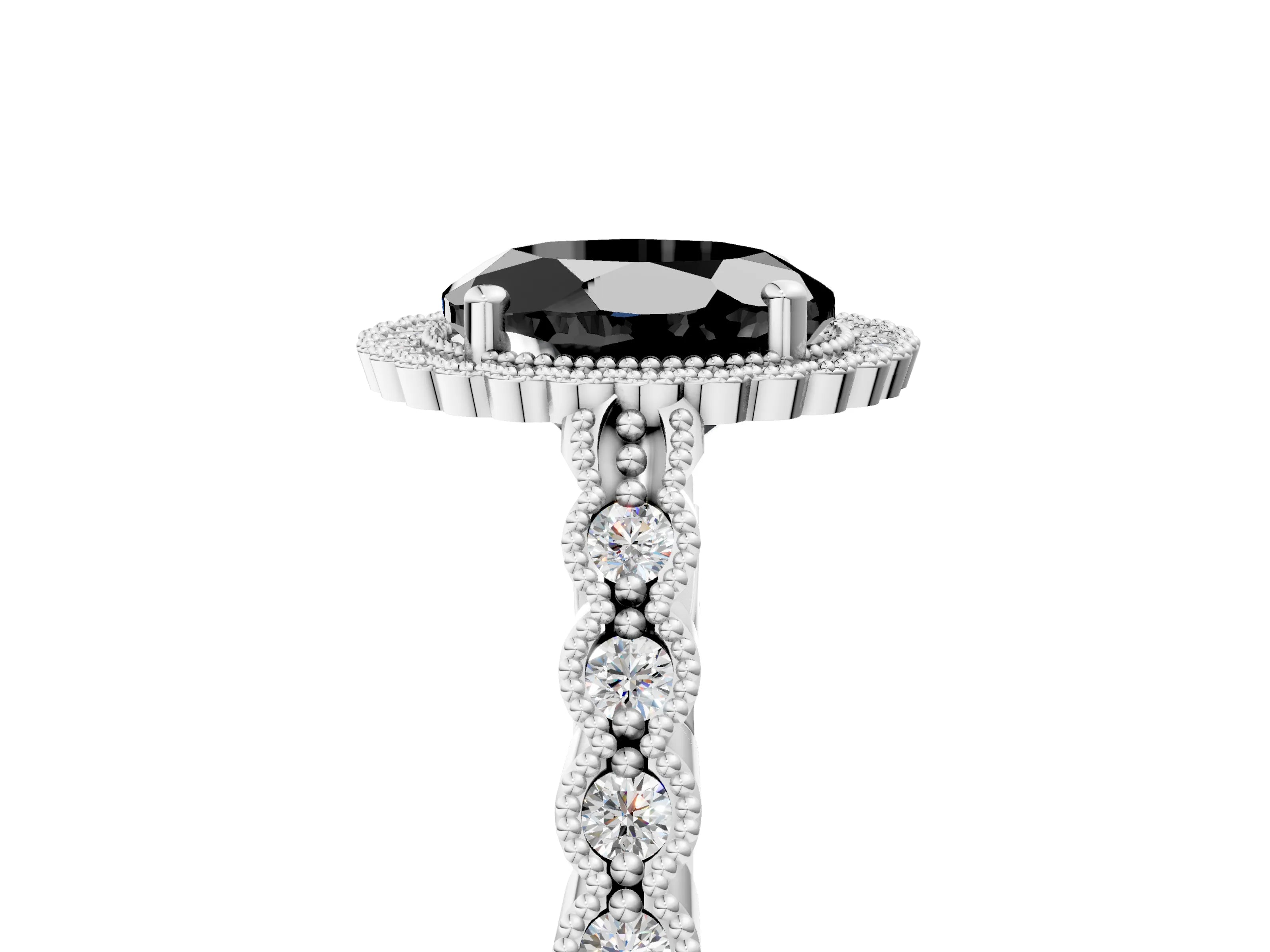 White gold Fancy Black Round Cut Cut Halo Pavé Solitaire Ring with Milgrain Band_17